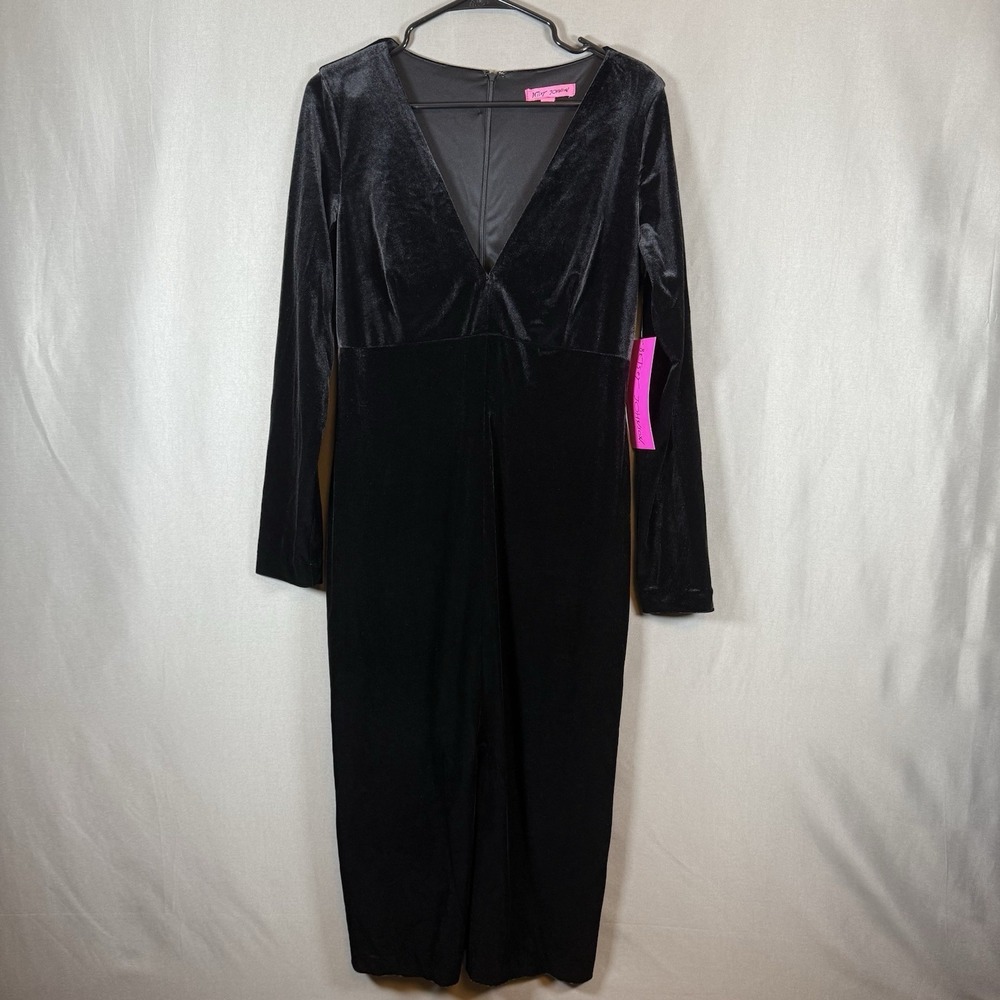 Betsey Johnson Black Velvet V-Neck Long Sleeve Midi Dress Goth Vampire 12
